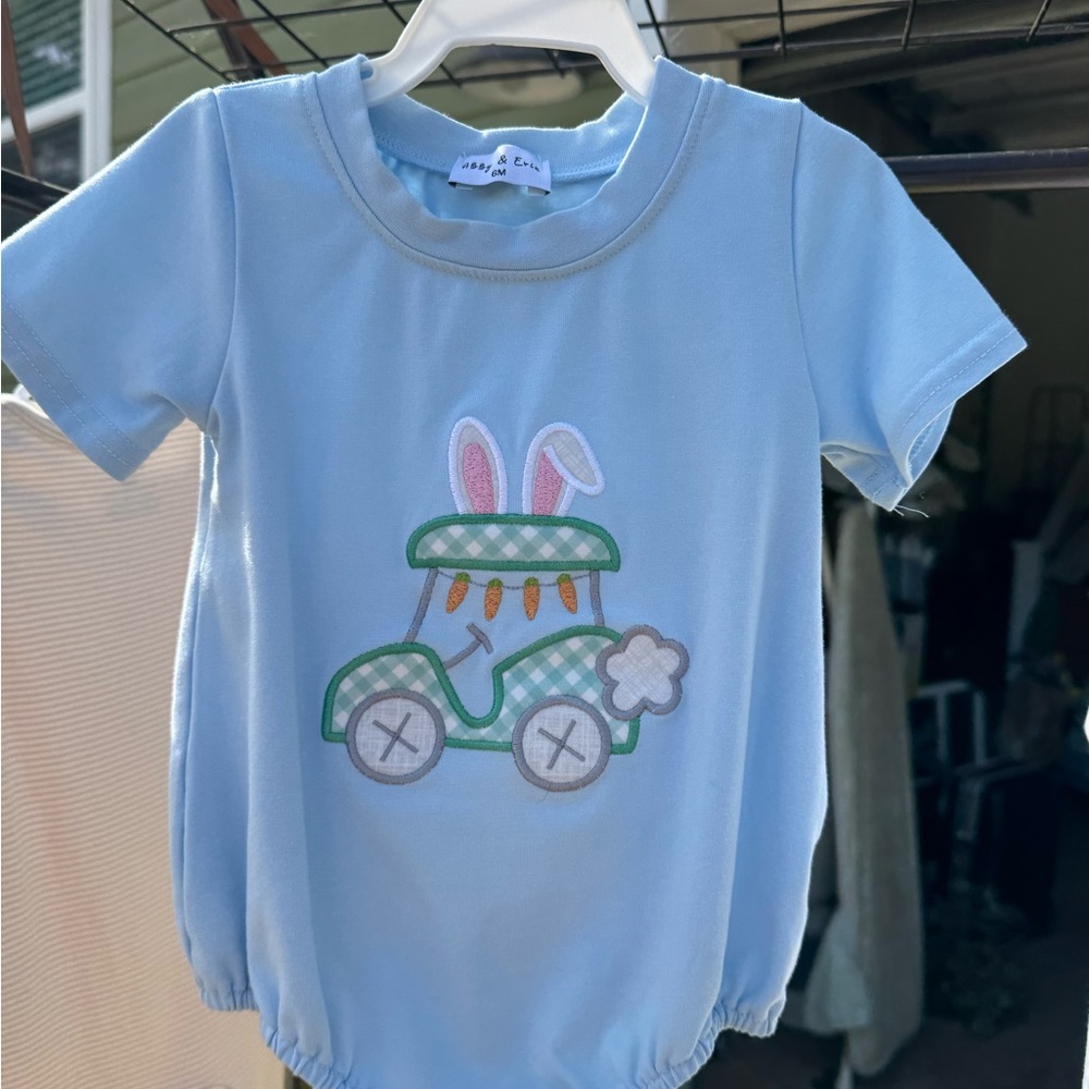 Blue Baby Romper with Bunny Car Design